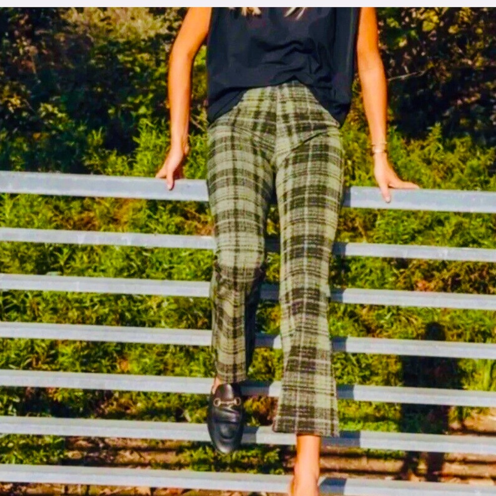 Ona Plaid Olive Kick Flare Ankle Pants